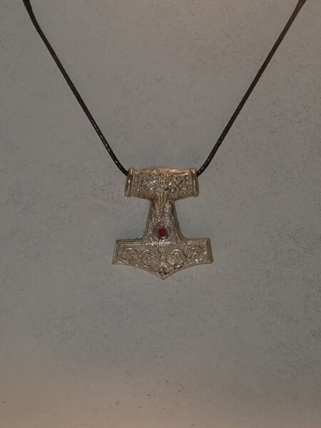 Viking's hammer silver necklace pendant with ruby