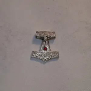Viking's hammer silver necklace pendant with ruby