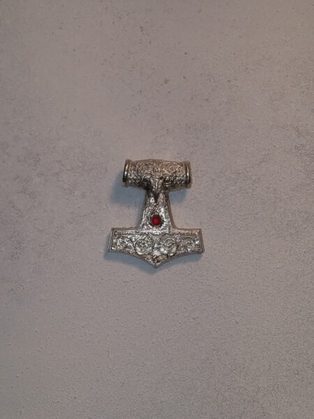 Viking's hammer silver necklace pendant with ruby
