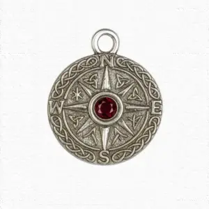 Silver pendant compass with ruby
